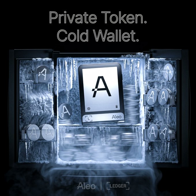 The image showcases a Ledger hardware wallet displayed in an icy "cold" setting, branded with the Aleo logo and text reading "Private Token. Cold Wallet." at the top, visually reinforcing the post's message that ALEO token holders can now securely store their private, shielded transactions on Ledger devices without sacrificing privacy.