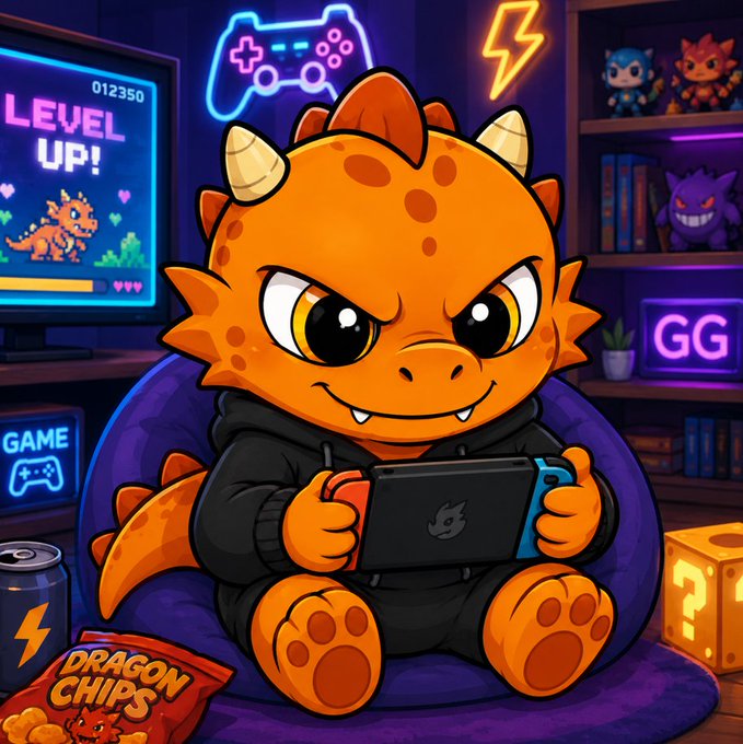 A determined cartoon dragon wearing a black hoodie intensely plays a handheld gaming console in a neon-lit gaming room, surrounded by "LEVEL UP!", "GG", "GAME" signs, Pokemon-style figurines, and a bag of "DRAGON CHIPS." The fierce, gamer-dragon mascot perfectly embodies the memecoin's dragon-themed crypto launch, channeling battle-ready energy for the Solana token drop.