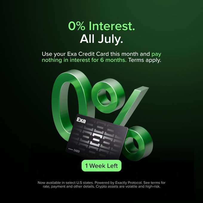 The image shows a promotional graphic for the Exa Credit Card, featuring a black card with a green circuit design and "0489" printed on it, set against large 3D green "0%" lettering, with text reading "0% Interest. All July." along with a "1 Week Left" countdown tag, promoting a limited-time offer for XRP holders to pay 0% interest for 6 months.