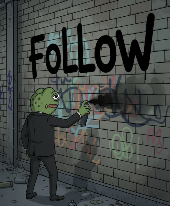 The image features a cartoon frog wearing a suit and holding a can of spray paint while painting graffiti on a brick wall. The text "Follow" is written above the frog's head, indicating that he is following a certain path or direction. The scene takes place in front of a building with graffitied walls, suggesting an urban setting where street art has become a popular form of expression.