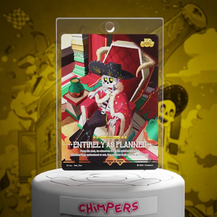 The image features a white card with a cartoon character wearing a red cape, hat, and holding a sword. The background of the image is yellow, which contrasts with the white card. The text on the card reads "entirely as planned". There are also some other text elements in the image that read "Chimps" and "@ChimpersHQ x @Jarritos packs Ripped a Grail", indicating that this post was created by @ChimpsHQ, who is known for their humorous posts. The post seems to be related to the game of poker or a similar card game, as it features a character from a card game.