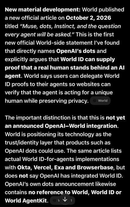 A text excerpt discussing a 'World' article titled 'Muse, dots, Instinct, and the question every agent will be asked,' published October 2, 2026, arguing that World ID can verify humans behind AI agents and mentioning integrations with Vercel, Exa, and Browserbase.