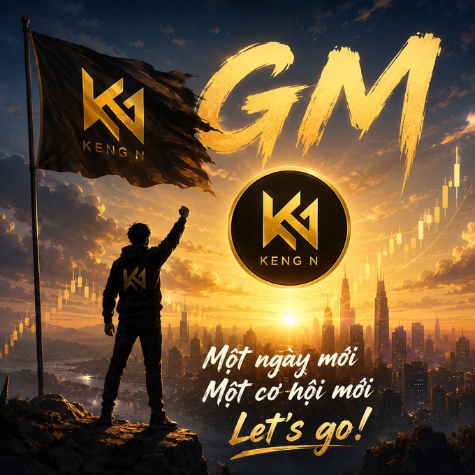 A motivational graphic displaying 'GM', 'KENG N', and 'Một ngày mới, Một cơ hội mới, Let's go!' over a sunset cityscape with a person holding a flag.
