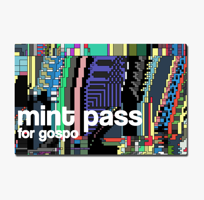 A graphic with a colorful pixelated abstract design and white text reading 'mint pass for gospo'.