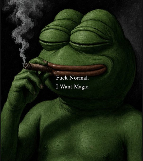 A stylized painting of Kermit the Frog with closed eyes, smoking a cigar with smoke curling upward, with the text 'Fuck Normal. I Want Magic.' overlaid on the image.
