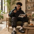 A young person sitting on a couch in a living room, reading a book and giving a thumbs-up gesture.