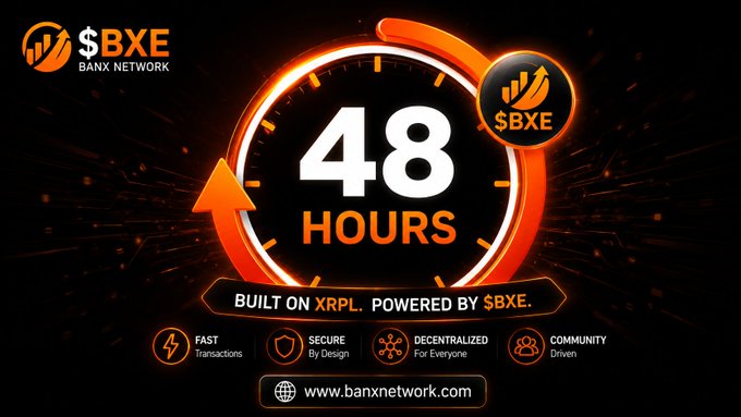 A bold promotional graphic for $BXE/Banx Network features a glowing orange countdown timer displaying "48 HOURS" against a dark background, with the tagline "BUILT ON XRPL. POWERED BY $BXE" and key features (Fast, Secure, Decentralized, Community) listed below, linking to banxnetwork.com. The design visually reinforces the post's urgency about the upcoming August 10 MEXC integration milestone.