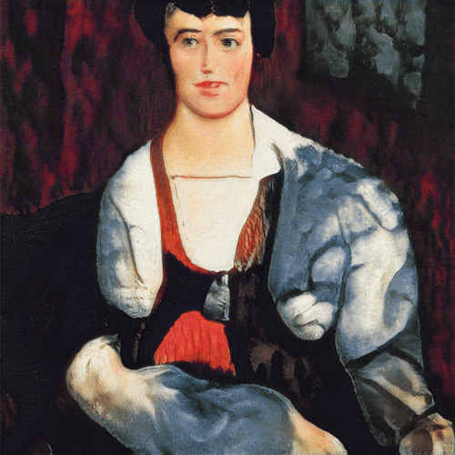 A painted portrait features a woman with short dark hair wearing a white blouse with puffed sleeves and a red bodice, set against a deep red background.