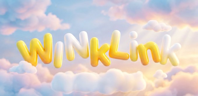 A 3D rendering of the word 'WINKLINK' in yellow and white bubble letters set against a soft, cloudy sky with warm sunset lighting.