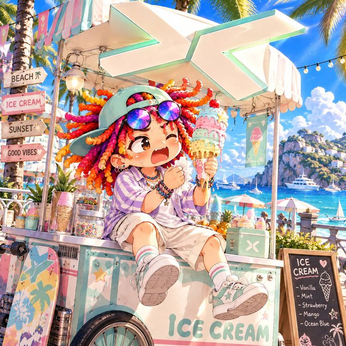 An anime-style illustration of a cheerful girl with colorful dreadlocks holding a large ice cream cone at a beachside stand, with a sign listing flavors: Vanilla, Mint, Strawberry, Mango, and Ocean Blue.