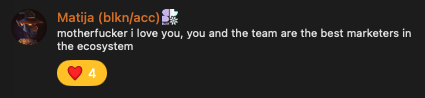 A dark-themed social media post from user 'Matija (blkn/acc)' reading: 'motherfucker i love you, you and the team are the best marketers in the ecosystem' with a heart-on-fire emoji.