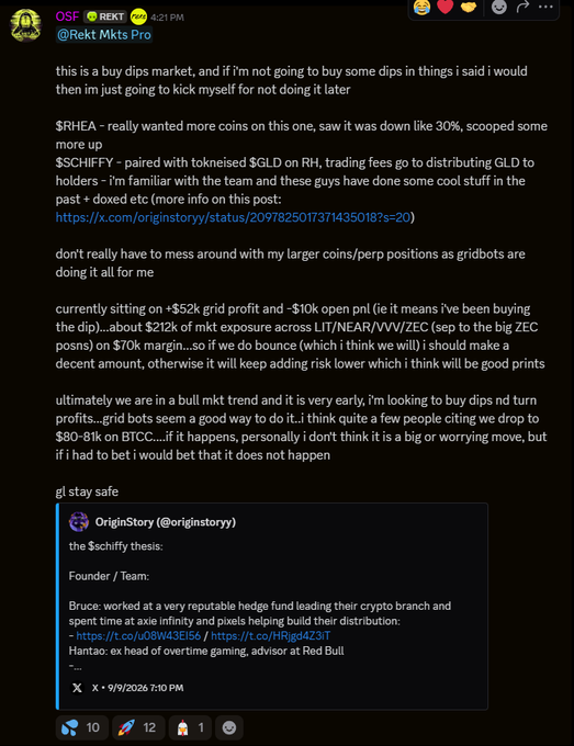 A Twitter/X post from user @Rekt_Mkts_Pro discussing a buy the dips strategy in the crypto market, mentioning coins $RHEA and $SCHIFFY, with details about gridbot profits of ~$52k and positions in LIT/NEAR/VVV/ZEC.