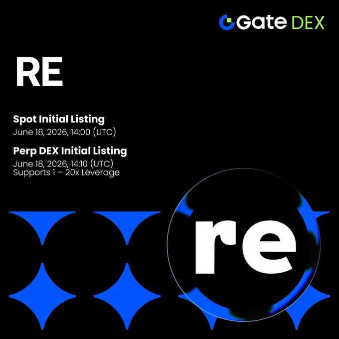 The image features a black background with white text that reads "RE" at the top, followed by a list of details about a Spot initial listing for Gate DEX. The details include the start date, end date, and the trading pair. There are also blue circles on the right side of the image, which appear to be logos or icons related to the Spot initial listing.