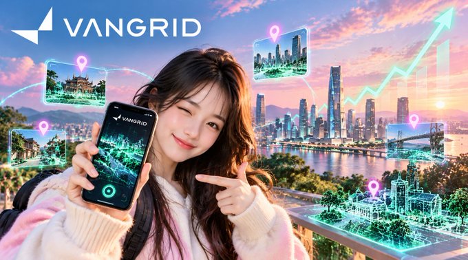 A promotional advertisement for 'VANGRID' features a smiling young woman holding up a smartphone displaying the app, with futuristic holographic city and location pin graphics in the background.