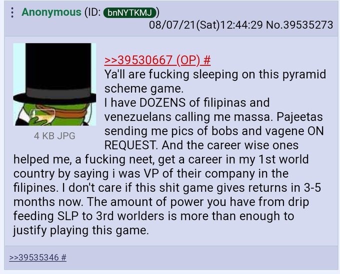 The image features a meme with a person wearing a top hat, which appears to be an anime character or video game. This amusing image has been posted as part of a conversation between two people about video games. The caption reads, "Anonymy ID bntkmmj: 08/07/2012 at 17:46:29 No. 399527". This text is located in the top right corner and provides information related to the person who posted it, likely their username or a message in the conversation.