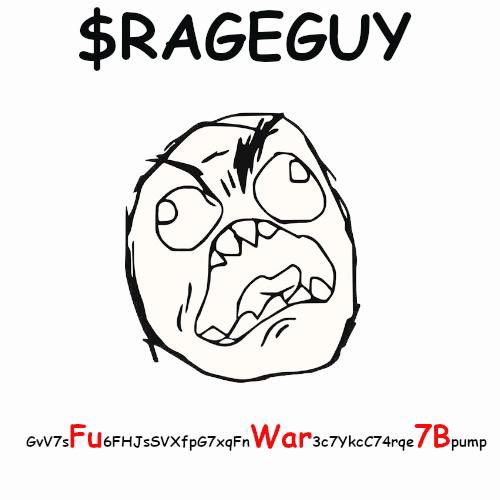 A $RAGEGUY meme artwork showing the classic rage face character with the ticker name above and a Solana token contract address displayed at the bottom.