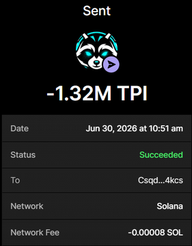 The image shows a successful transaction confirmation of -1.32M TPI (worth -0.00008 SOL in network fees) sent to the address Csqd...4kcs on the Solana network, timestamped June 30, 2026, illustrating participation in the TPI airdrop claim mentioned in the post.