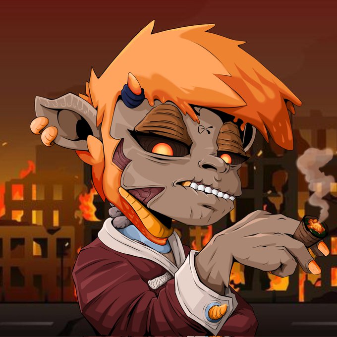 A cartoon-style character with spiky orange hair, pointed ears, and glowing orange eyes smokes a cigar against a burning city backdrop.