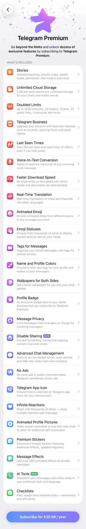 The image displays Telegram Premium's subscription page, showcasing a comprehensive list of features including Stories, Unlimited Cloud Storage (4 GB per document), Doubled Limits, Voice-to-Text Conversion, Animated Emoji, Profile Badge, No Ads, and AI Tools, with a $35.99/year subscription button at the bottom. The accompanying post appears to be a humorous meme praising Telegram's user-friendly, authentic approach compared to corporate competitors, implicitly endorsing the $GRAM token tied to the platform's success.