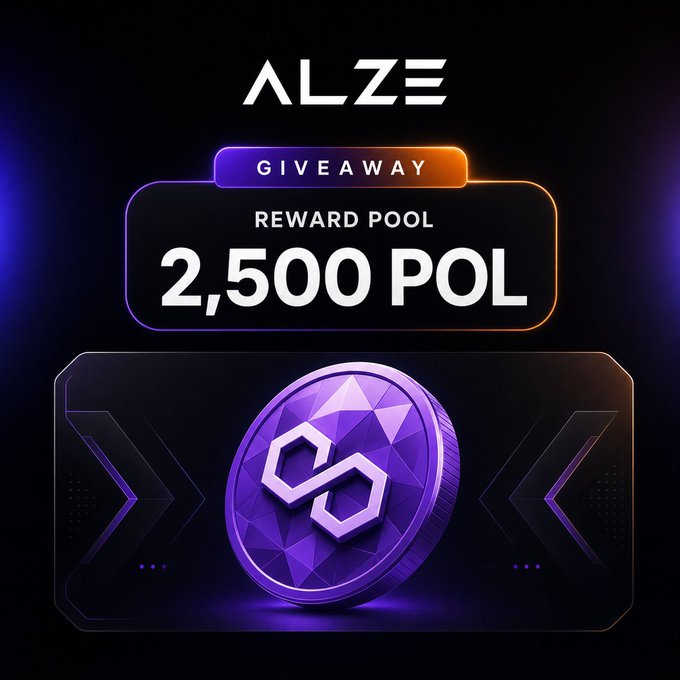 A promotional graphic for "ALZE" announcing a "GIVEAWAY" with a "REWARD POOL 2,500 POL," featuring a purple Polygon cryptocurrency coin in the center.
