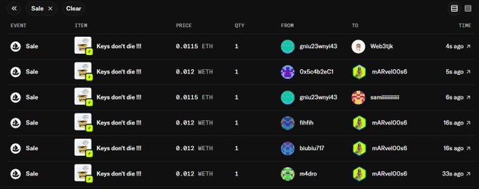 A dark-themed transaction history interface showing multiple NFT sales of an item called 'Keys don't die !!!' priced in ETH, listing recent buyer and seller wallet addresses.