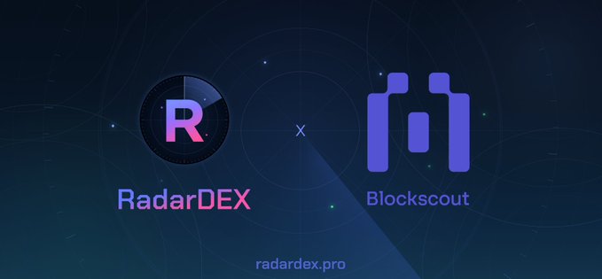The image displays a partnership graphic between RadarDEX and Blockscout, featuring their respective logos—a circular "R" emblem on the left and a stylized binoculars icon on the right—against a dark blue background with "radardex.pro" at the bottom. A small "x" between the logos signifies their collaboration, visually representing the integration mentioned in the post where token verification details flow from RadarDEX directly into the Blockscout explorer on ARC mainnet.