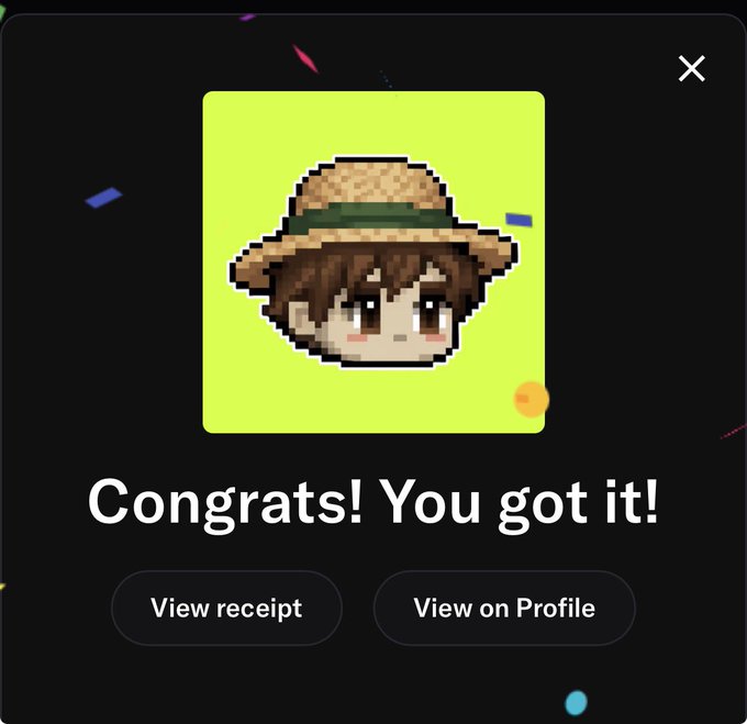 A digital 'Congrats! You got it!' notification screen displays a pixel art avatar of a character wearing a straw hat, with options to view the receipt or view it on a profile.