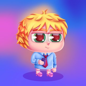 A stylized 3D cartoon character with messy yellow hair, green eyes, and a blue outfit holding a smartphone against a purple background.