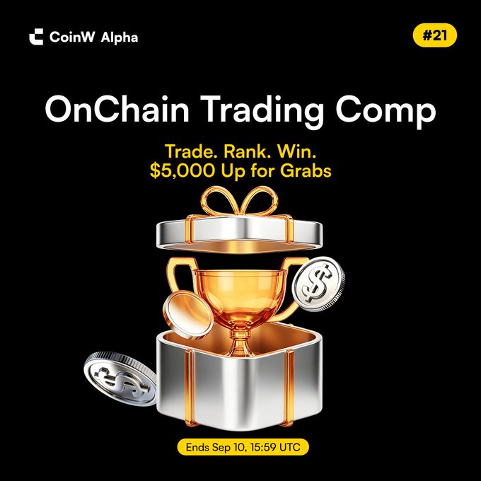 A CoinW Alpha promotional graphic for an 'OnChain Trading Comp' featuring a golden trophy with coins popping out of a gift box, offering $5,000 with an end date of Sep 10, 15:59 UTC.