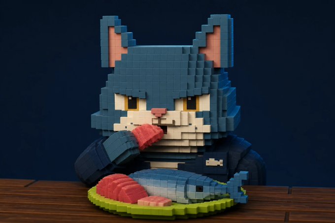 A voxel-style blue cat pixel sculpture sits at a table, eating a piece of tuna from a plate with a whole fish on it. The image playfully illustrates the "Tuna Kitties" NFT collection mentioned in the post, which ties cute PFP cats to the DeFi utility of the Tuna Protocol.