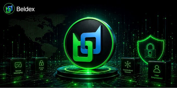 The image showcases the Beldex (BDX) cryptocurrency logo prominently displayed on a glowing green platform, surrounded by feature cubes highlighting "Secure Messaging," "Surveillance Free," "Decentralized Network," and "User Empowered," with a shield icon representing privacy and security. It visually reinforces the post's theme of privacy as foundational infrastructure for Web3 and AI, emphasizing Beldex's encrypted and decentralized approach.