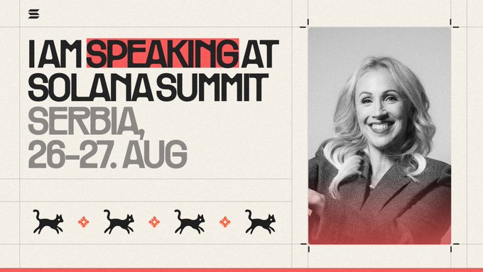 A promotional graphic announcing 'I AM SPEAKING AT SOLANA SUMMIT SERBIA, 26-27. AUG' featuring a black-and-white photo of a smiling blonde woman and cat illustrations.