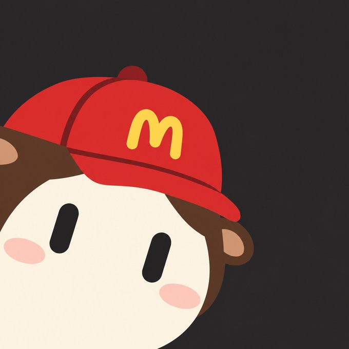 A cute cartoon monkey face wearing a red McDonald's cap with the yellow 'M' logo peeking from the bottom left against a black background.