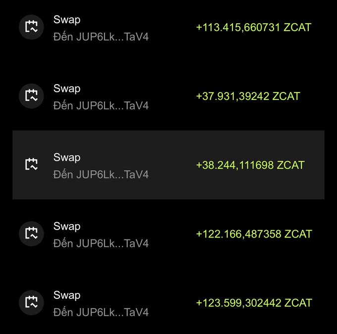 A dark mobile app screen displays a list of swap transactions to address JUP6Lk...TaV4, showing received ZCAT token amounts in green.