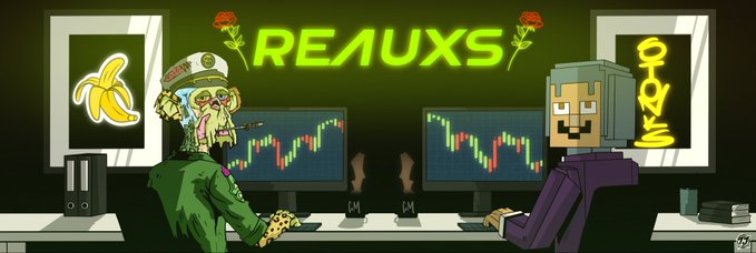 Cartoon-style illustration featuring two characters at desks with stock charts, decorative roses, a banana peel painting, a golden trophy, and the word 'REAUXS' displayed in bright green text.