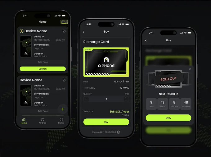 Mobile app mockups showing a dark-themed device management interface with 'A PHONE' recharge cards priced at 19.9 SOL/year, a 'SOLD OUT' notification, and a 'Next Round In' countdown timer powered by DOUBLEONE.