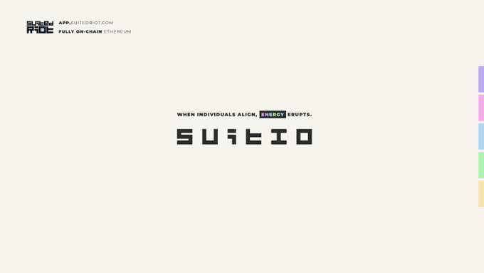 Minimalist promotional graphic with pixelated logo 'SUITIO' and tagline 'WHEN INDIVIDUALS ALIGN, ENERGY ERUPTS,' promoting app.suitenot.io and labeled 'FULLY ON-CHAIN ETHEREUM'