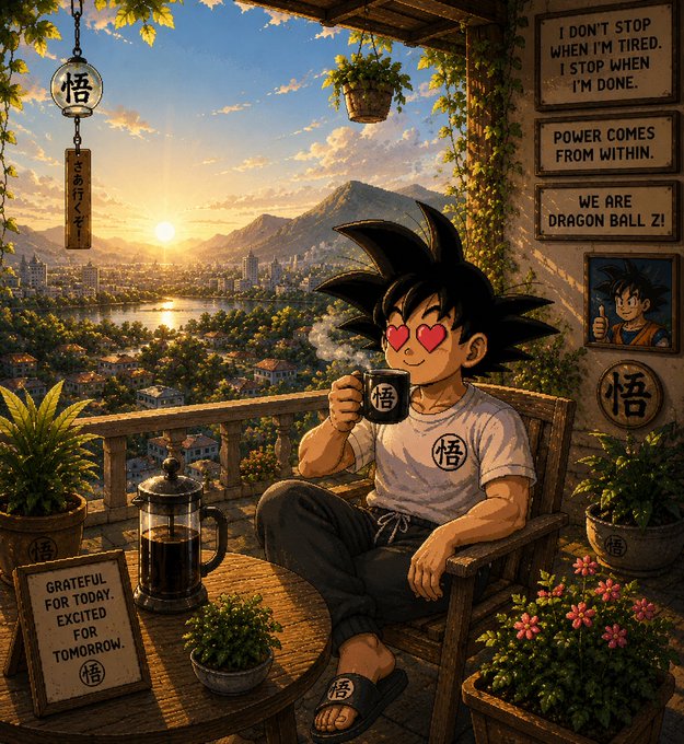 An anime-style illustration of a spiky-haired character with heart-shaped eyes drinking from a mug, with text including 'I DON'T STOP WHEN I'M TIRED. I STOP WHEN I'M DONE.', 'POWER COMES FROM WITHIN', 'WE ARE DRAGON BALL Z!', and 'GRATEFUL FOR TODAY. EXCITED FOR TOMORROW.'