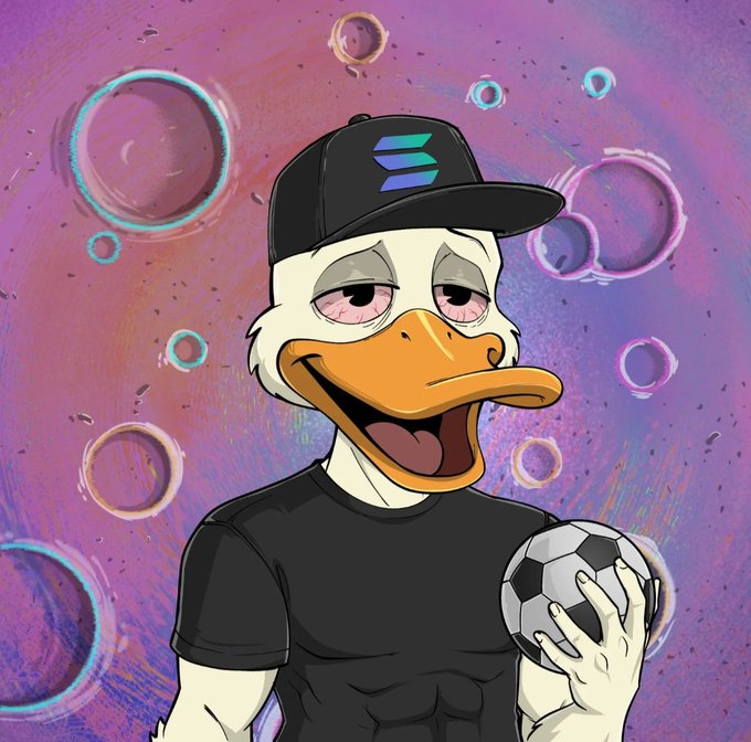 A cartoon illustration of an anthropomorphic duck wearing a black cap with a Solana logo and a black t-shirt, holding a soccer ball against a purple bubble background.