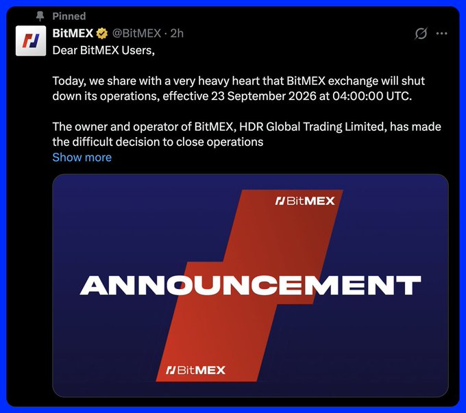 A pinned tweet from BitMEX (@BitMEX) announcing the shutdown of their exchange operations effective 23 September 2026 at 04:00:00 UTC, citing a difficult decision by HDR Global Trading Limited.