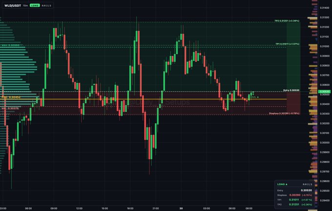 A candlestick chart of WLD/USDT showing recent price action with TP3 at 0.31012 (+2.34%), TP1 0.31011 (+2.32%), entry marked 0.30300, and StopLoss 0.29296 (-2.76%).