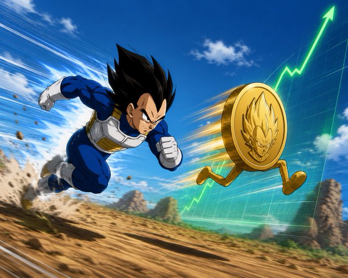An anime illustration of a Saiyan character in blue armor chasing an anthropomorphized gold coin with a Super Saiyan face, with a green upward chart arrow in the background.