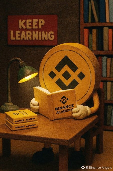A Binance coin mascot wearing white gloves sits at a wooden desk reading a "Binance Academy" book, with additional Binance Academy books stacked nearby and a "KEEP LEARNING" sign on the wall above—perfectly reinforcing the post's message to start the week by gaining new knowledge through Binance Academy.