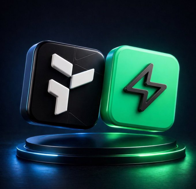 The image features two 3D icons, one black and one green, both with a lightning bolt symbol on them. The black icon has a white "F" at its center, while the green icon also has a white "F" at its center. These icons are placed on a black base or platform against a dark background. The image includes text that reads: "Good Afterno new day keep building and enjoy the journey @NomismaNetwork x @useTria x @TheARCTERMINAL x @wallchain".