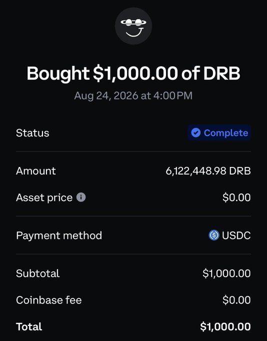 A Coinbase transaction confirmation showing the purchase of $1,000.00 worth of DRB (the "grok coin"), totaling 6,122,448.98 DRB tokens, completed on Aug 24, 2026 using USDC with zero fees.