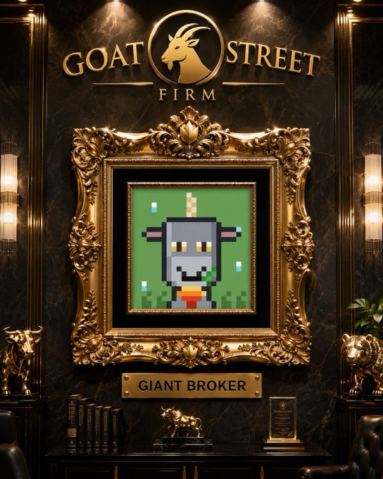 An ornate gold-framed pixel art portrait of a goat labeled 'GIANT BROKER' displayed in a luxurious dark setting with 'GOAT STREET FIRM' signage and golden bull and bear statues.
