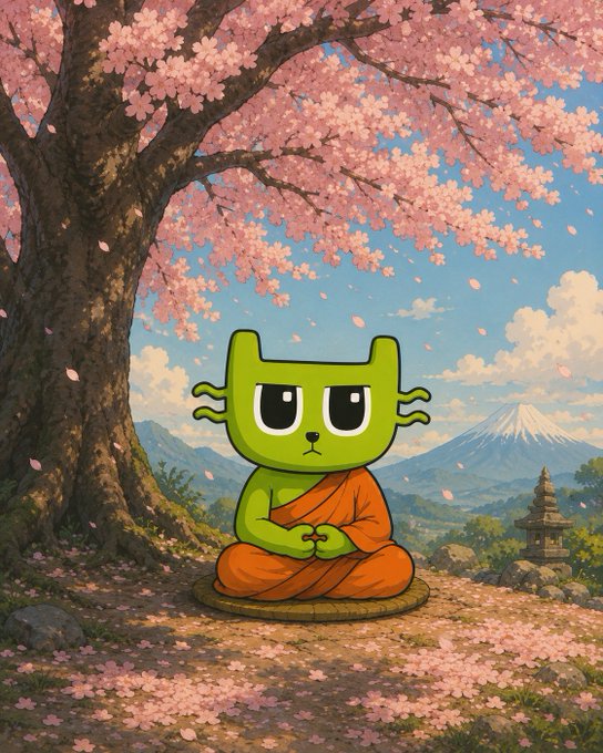 A green cartoon cat character dressed as a Buddhist monk in orange robes meditates under a pink cherry blossom tree, with Mount Fuji visible in the background.
