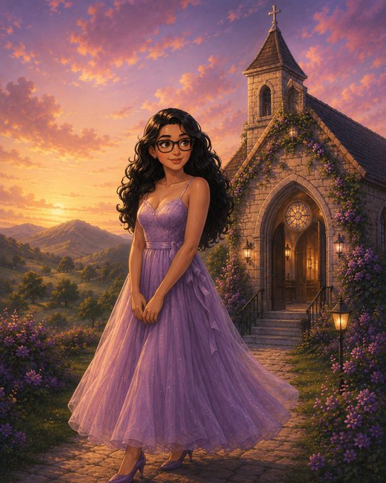 Anime-style illustration of a woman in a lavender gown standing before a stone chapel surrounded by purple flowers at sunset.