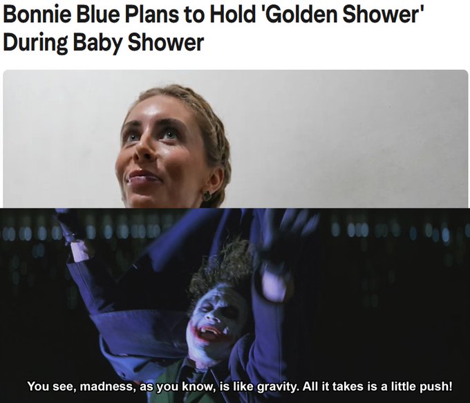The image shows a woman's face with a caption below her head reading "You see, madness, as you know, is like gravity. All it takes is a little push!" The caption suggests that the image might be related to a discussion about the concept of gravity or the idea that small actions can have significant consequences.

The image also includes a split screen with two different images: one showing a woman's face and another featuring a character from the movie "Joker".