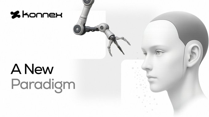 A promotional graphic for Konnexx featuring a robotic arm and a 3D rendered human head with the tagline "A New Paradigm".